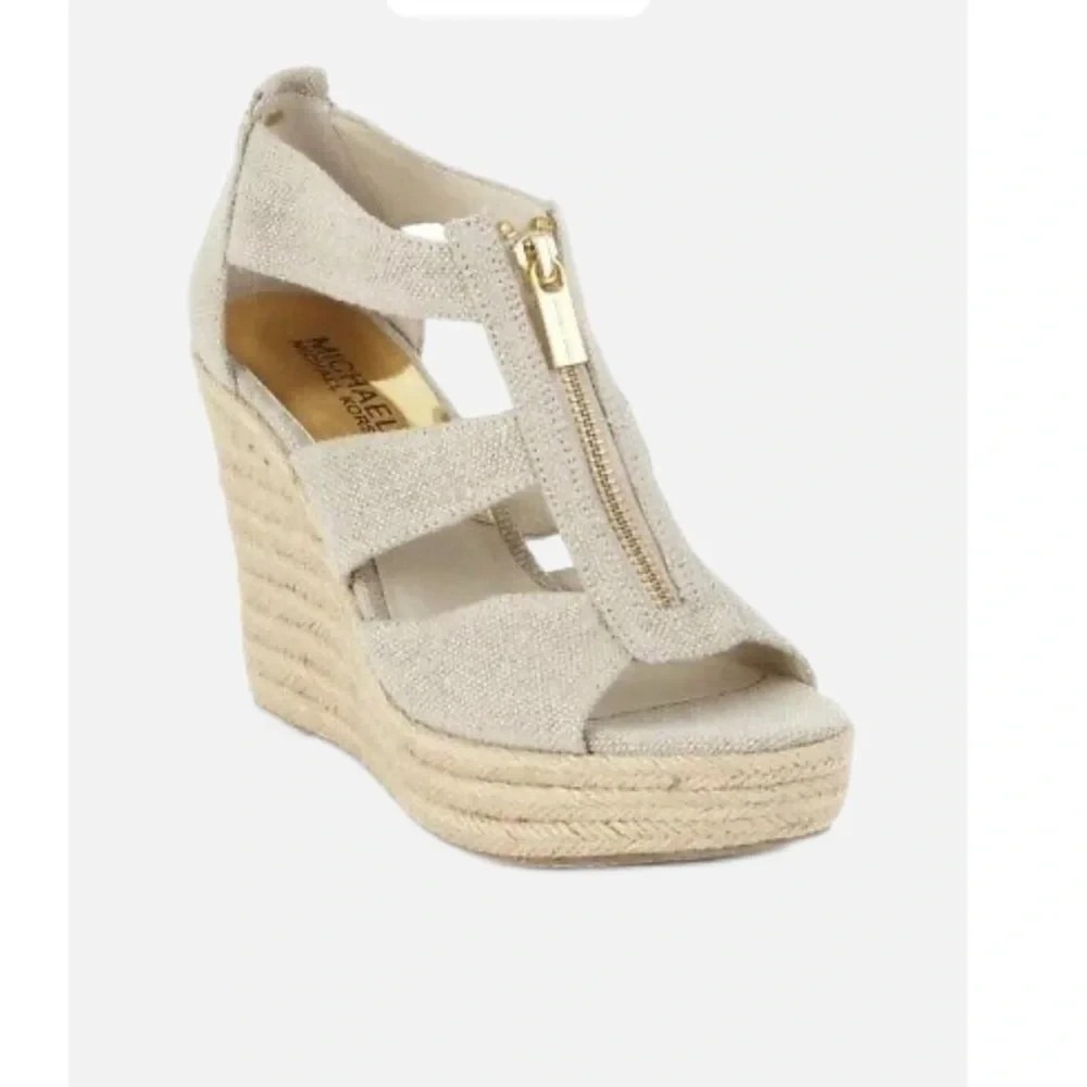 Michael Kors Damita Wedge Zippered Sandals Natural Fabric Sz 8M W/Box